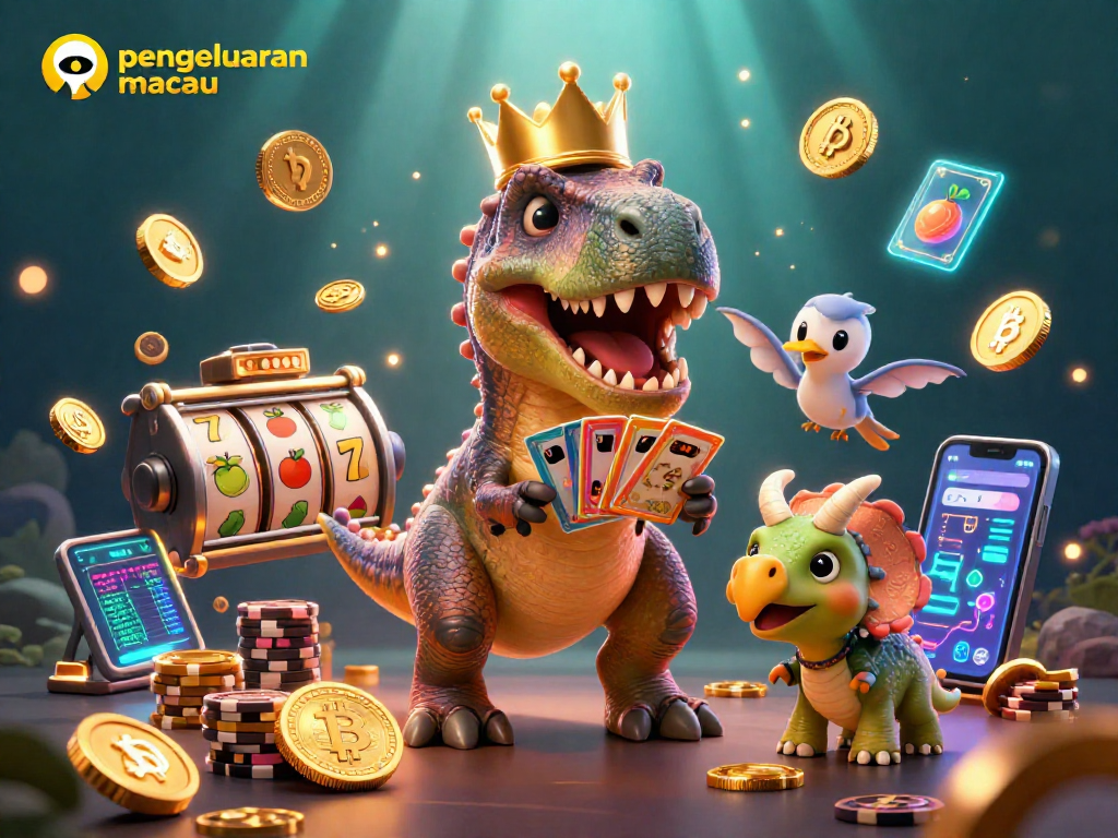 Pengeluaran macau menunjukkan T-Rex bermain slot dengan bantuan pterodactyl dan triceratops di kasino.