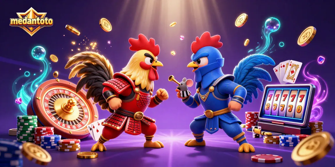 Medantoto menampilkan pertarungan kartun antara dua ayam jantan bertarung dengan elemen kasino