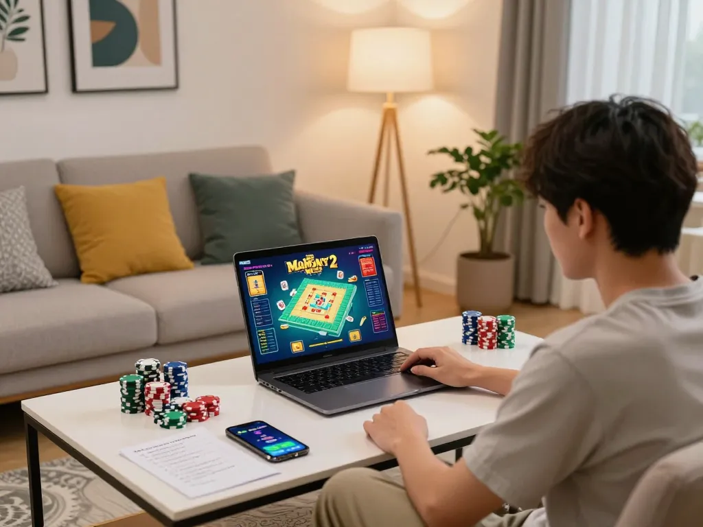Menghabiskan waktu dengan permainan daring sambil mengeksplorasi pg soft buka informasi mahjong ways 2 dengan laptop dan catatan strategi yang ditampilkan.