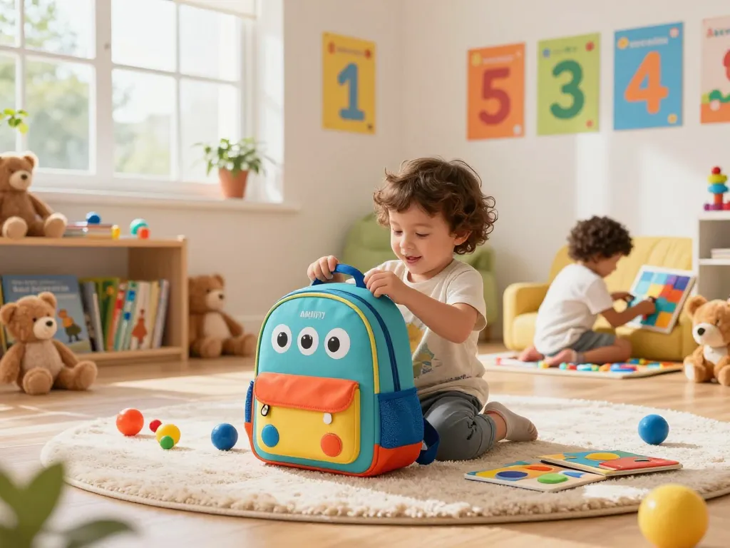 Child exploring a vibrant RAKUN77-themed backpack in a colorful educational playroom.