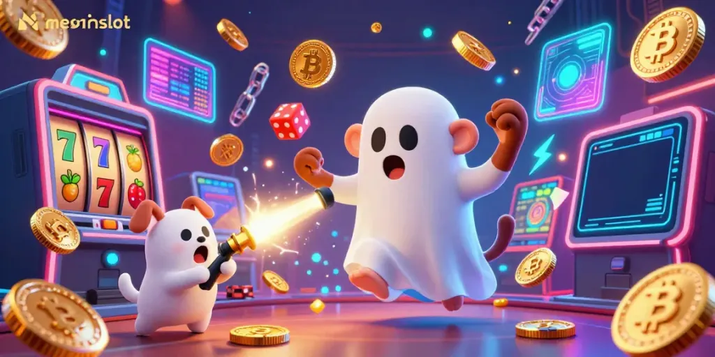 Experience the thrilling world of mesinslot with vibrant 3D characters and casino symbols in a dynamic illustration.