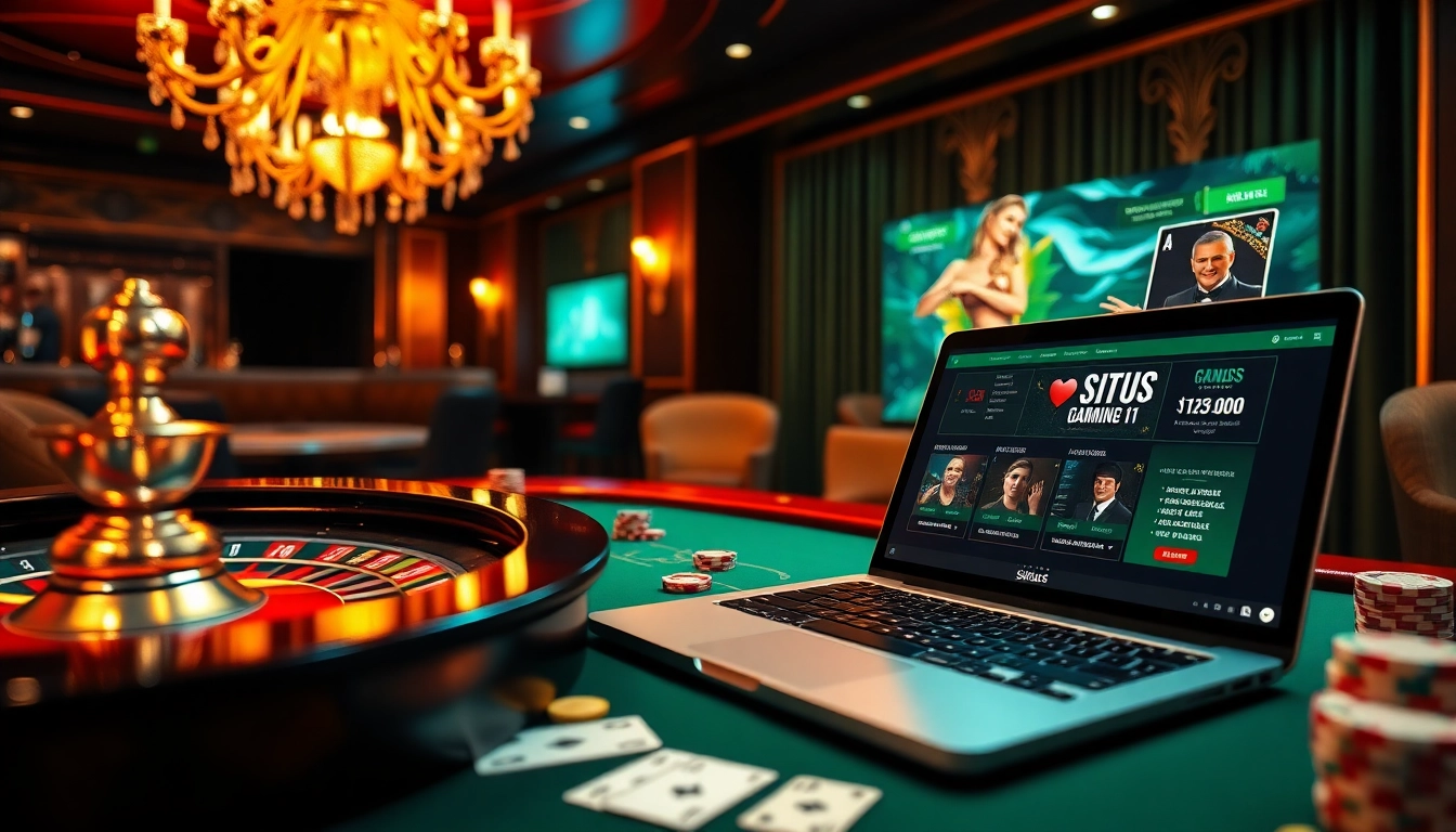 Situs 11 offers an exciting gambling atmosphere with casino tables, poker chips, and a roulette wheel.