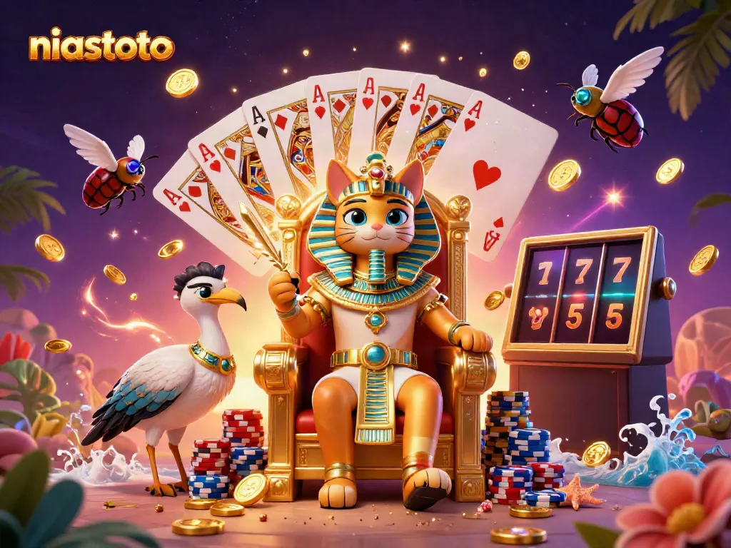 Permainan slot di niastoto dengan karakter kucing firaun dan efek uang berkilau.