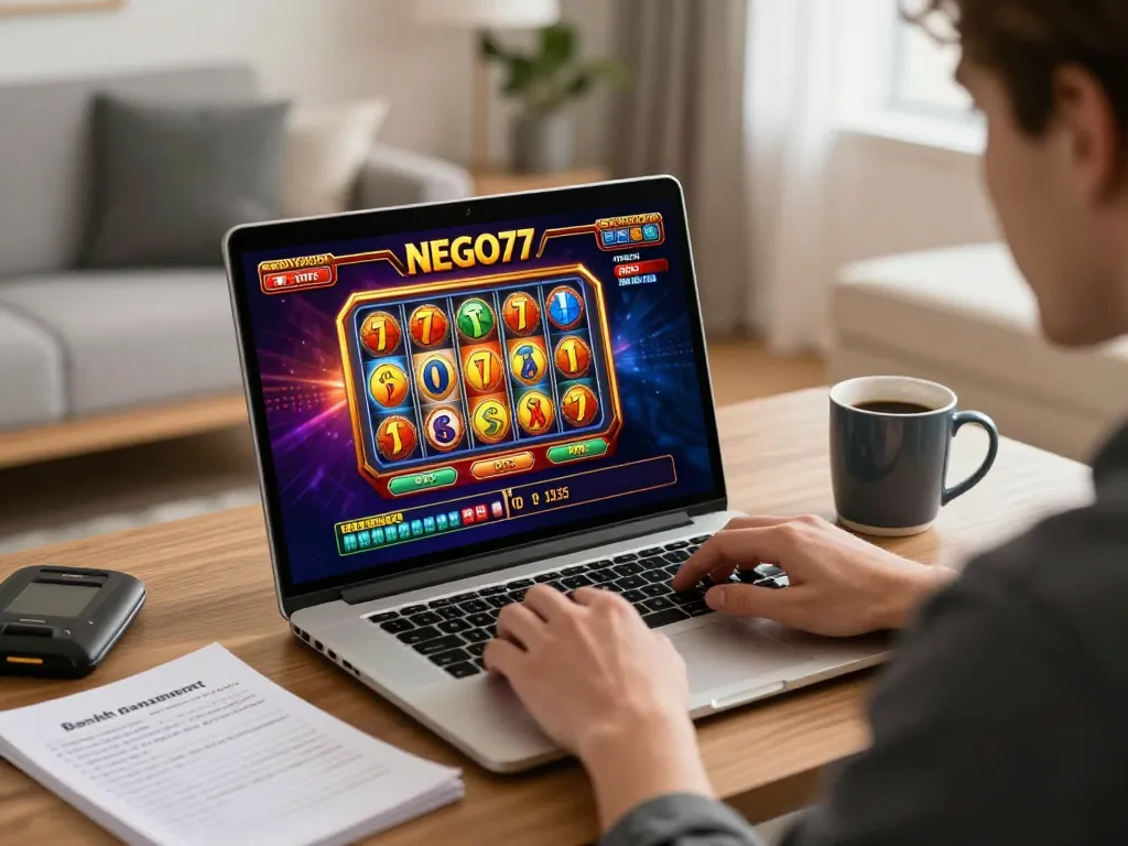 Player enjoying NEGO77 online slots while managing their bankroll in a comfortable home setting