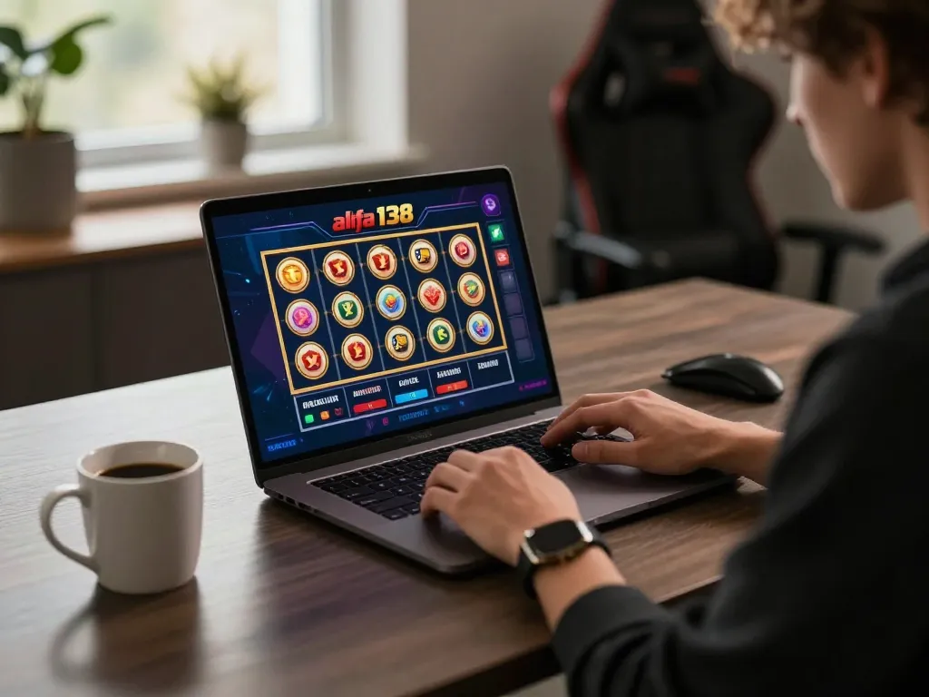 Engaged player exploring the alfa138 slot on a stylish laptop in a cozy modern gaming setup.