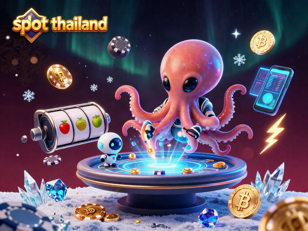 Engage with slot thailand as a 3D alien octopus plays poker against a vibrant cosmic backdrop.