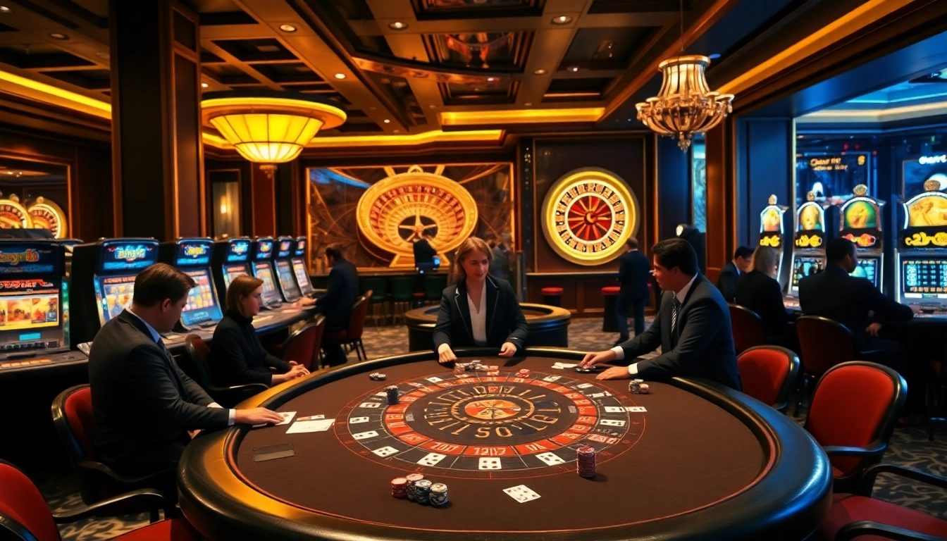 Players engage at a stylish casino table featuring jagoan86 elements with vibrant cards and chips.