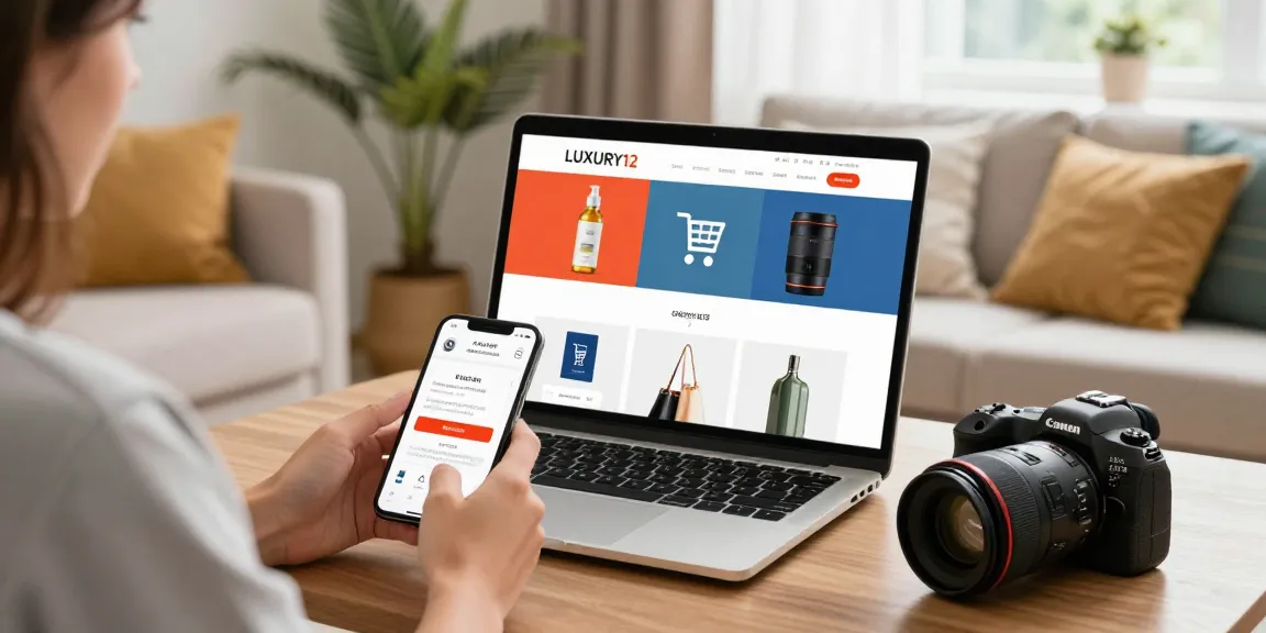 Pengunjung Situs LUXURY12 sedang berbelanja online dengan laptop dan smartphone di lingkungan nyaman.