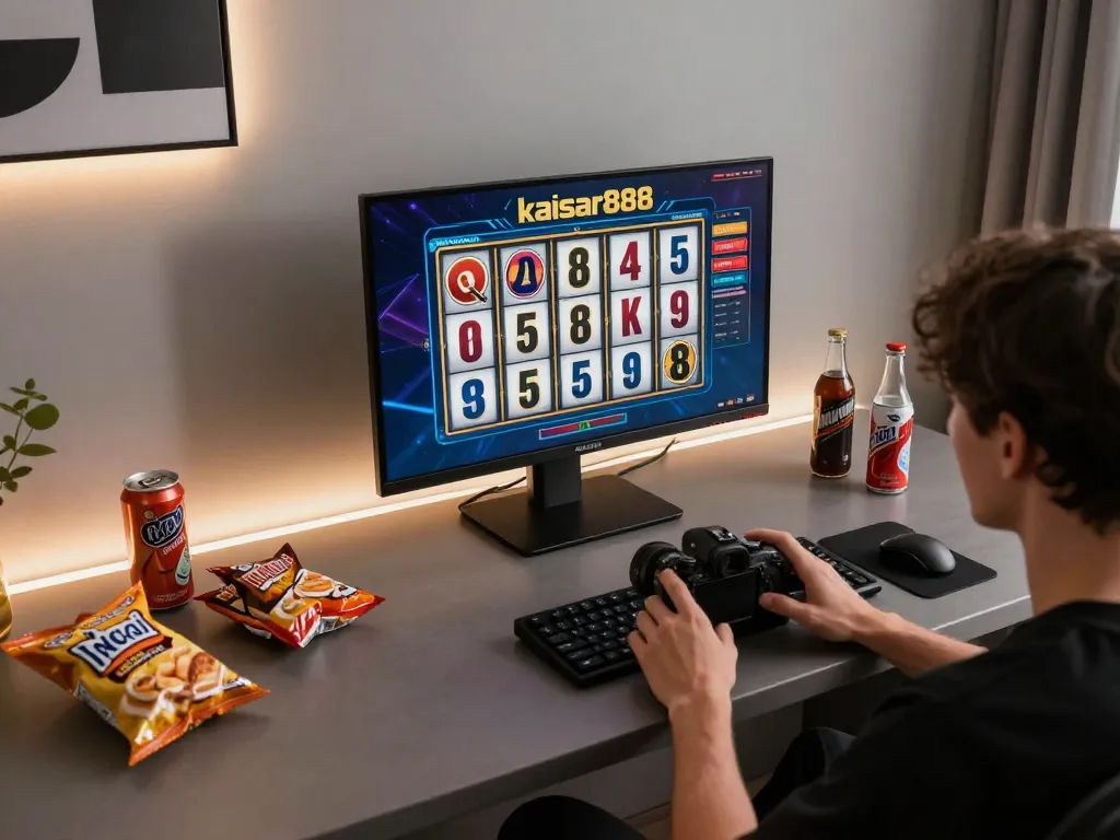 Engaged player enjoying the kaisar888 slot experience on a well-designed home gaming setup