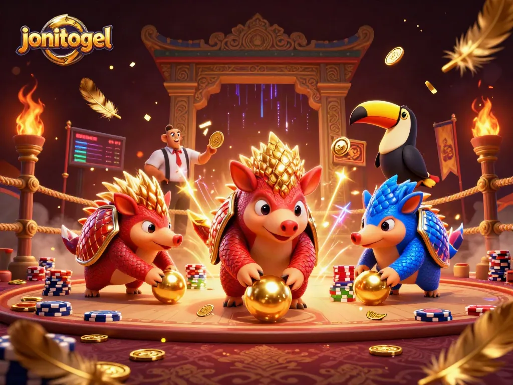 Experience the thrill of jonitogel with animated pangolins competing in a casino-themed battle.