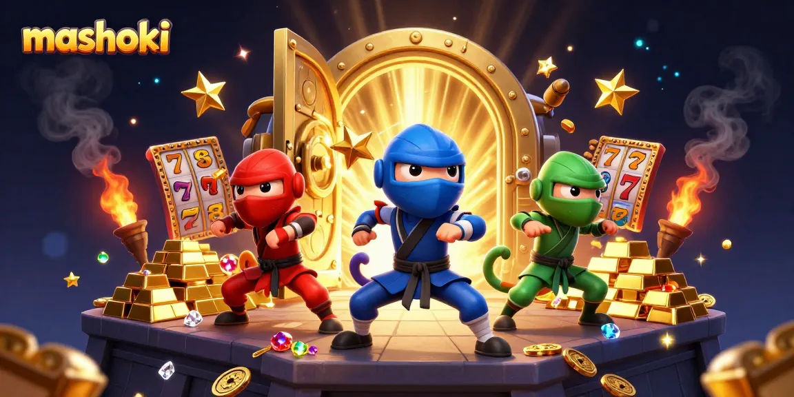 Engage with mashoki's thrilling atmosphere featuring colorful ninja chameleons in a rich casino treasure scene.