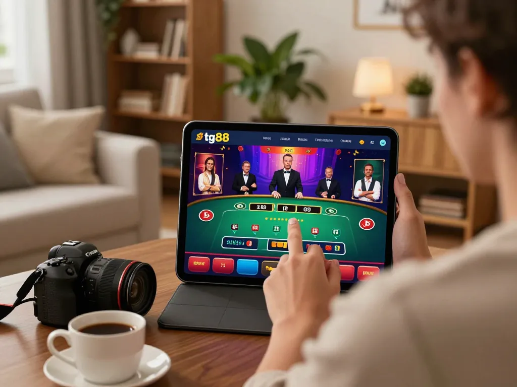 Player enjoying the tg88 mobile app showing live dealer action in cozy home surroundings