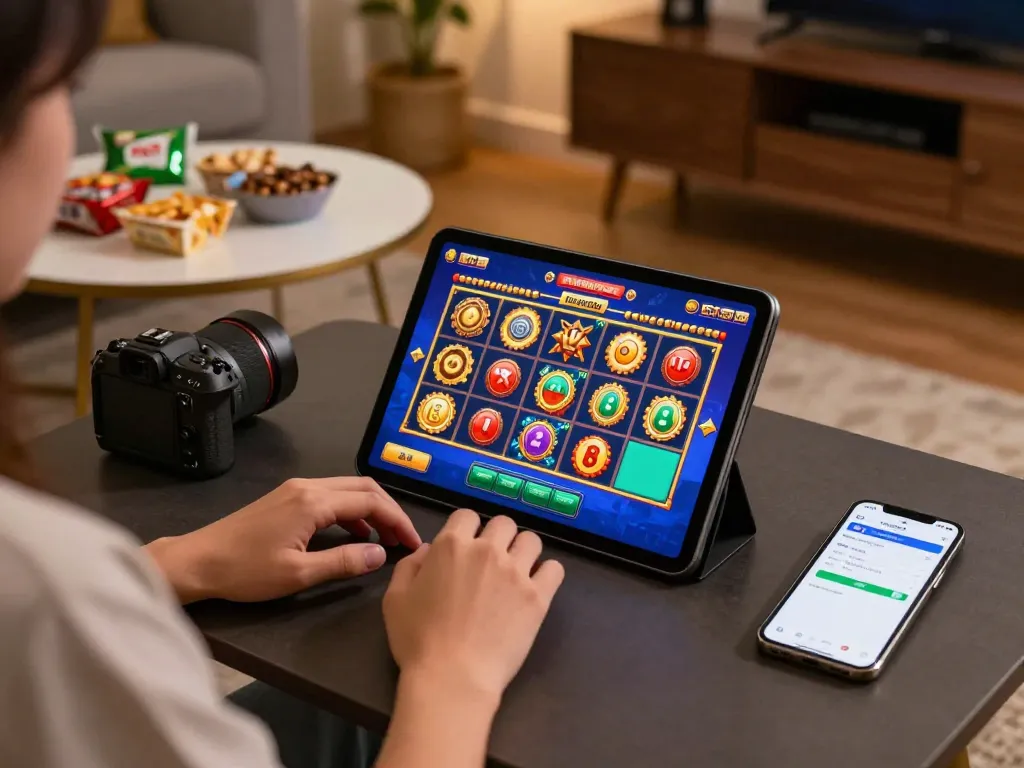 Engaging with boosterjp's thrilling slot games on a cozy tablet setup in a vibrant home environment.