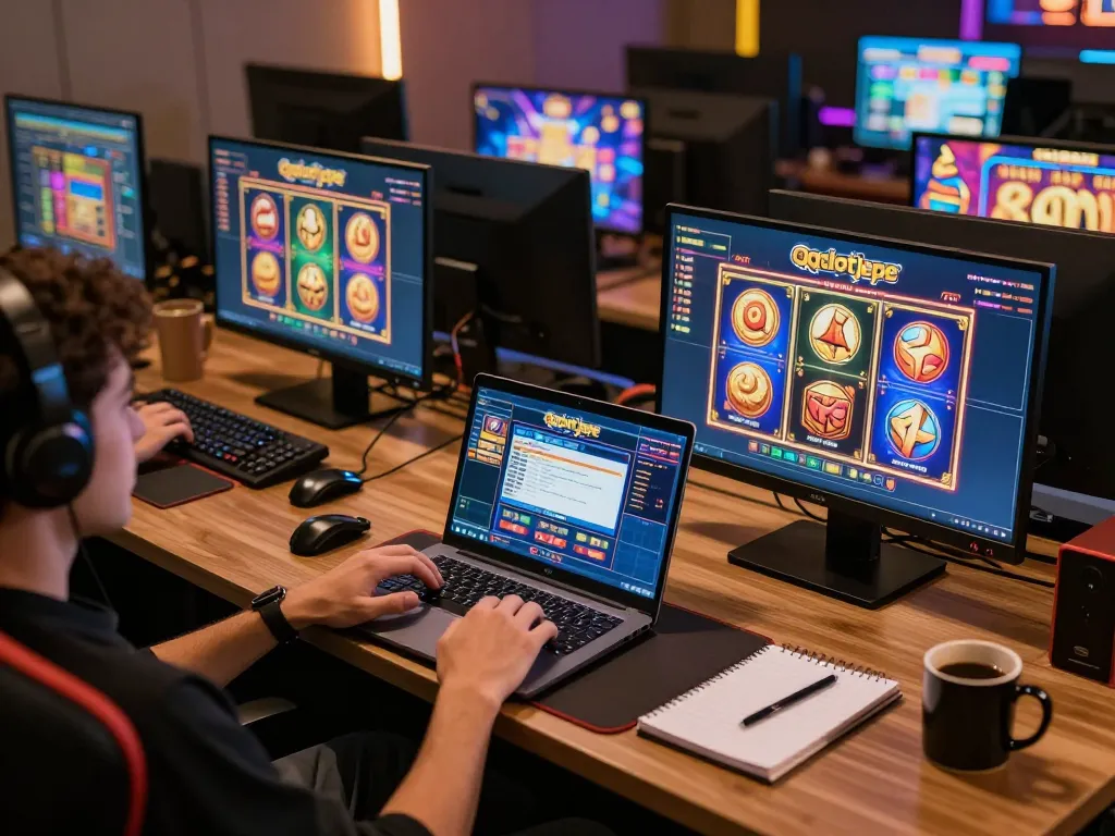 Engaging with qqslotjepe interface in a cozy online gaming setup, showcasing vibrant slot games.
