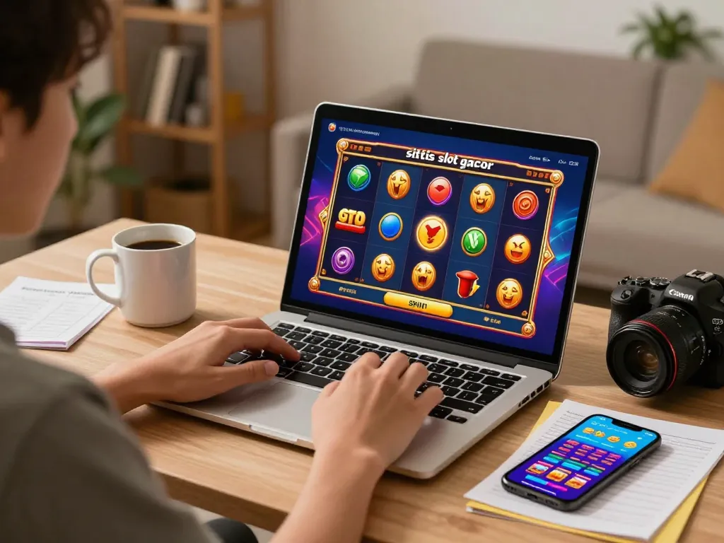 Player engaging with situs slot gacor online interface, preparing to spin colorful reels in a cozy home setup.
