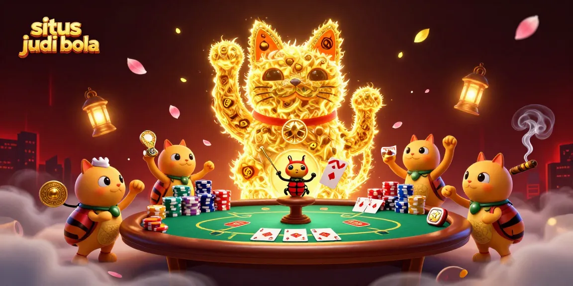 Situs judi bola illustration depicting a lucky cat formed by fireflies, showcasing vibrant casino elements.