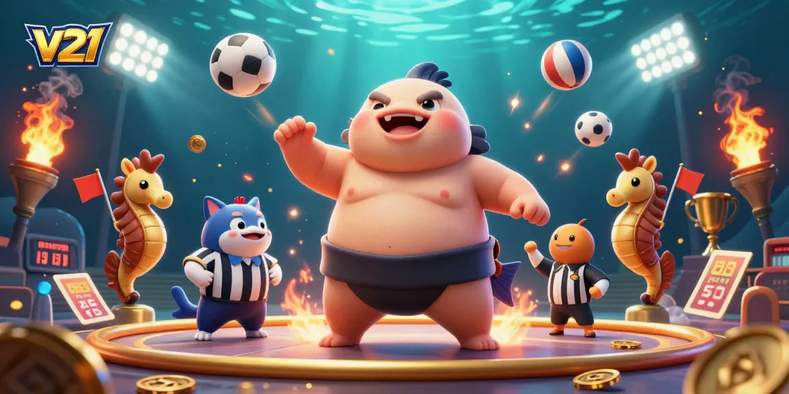 Ilustrasi 3D v21 dengan fugu dan unsur taruhan olahraga dalam suasana heboh.