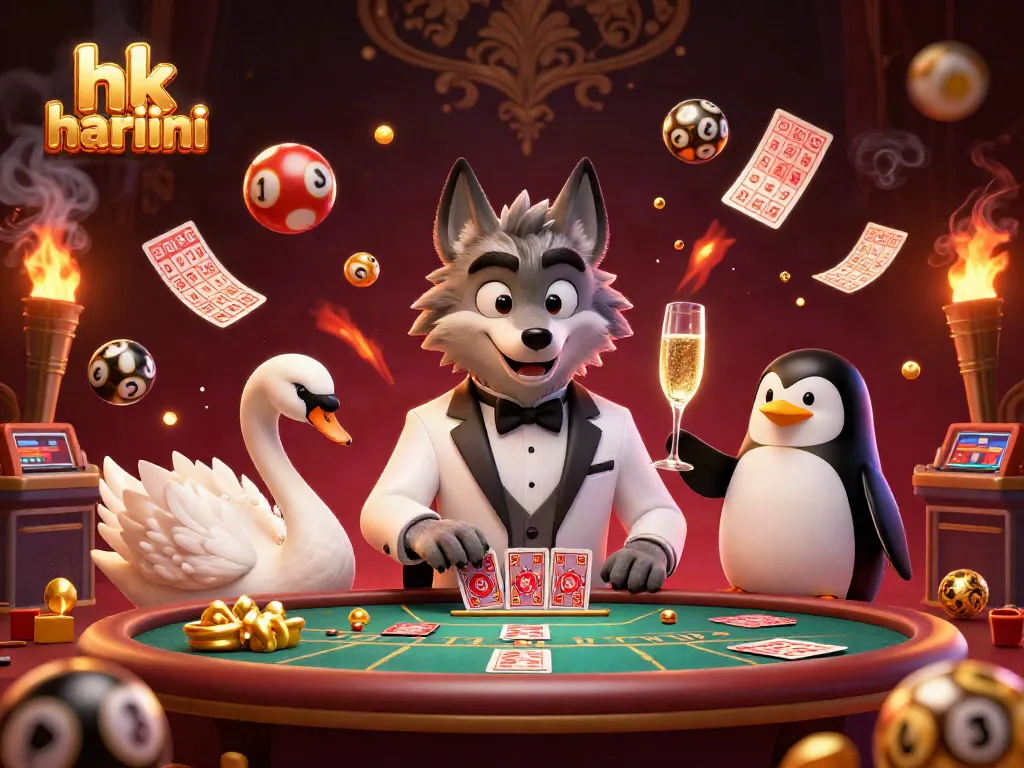 Keluaran HK hari ini dengan ilustrasi 3D serigala, angsa, dan penguin yang menarik.