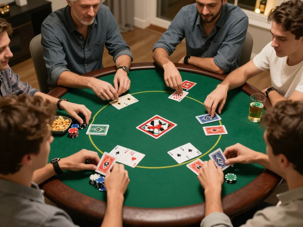 Những người bạn tham gia một trò chơi poker thú vị khi sử dụng mẹo chiến lược 12bet, trưng bày chip, bài và sự cạnh tranh thân thiện.