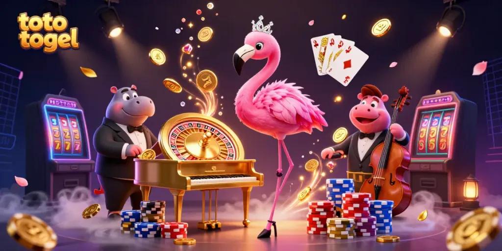 Bet on exciting games at toto togel with a vibrant 3D casino illustration featuring lively characters.