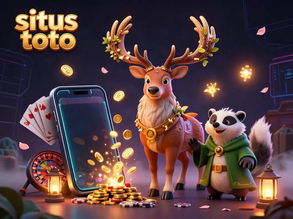 Engage in situs toto games with a mystical 3D druid stag and badger illustration showcasing vibrant casino elements.