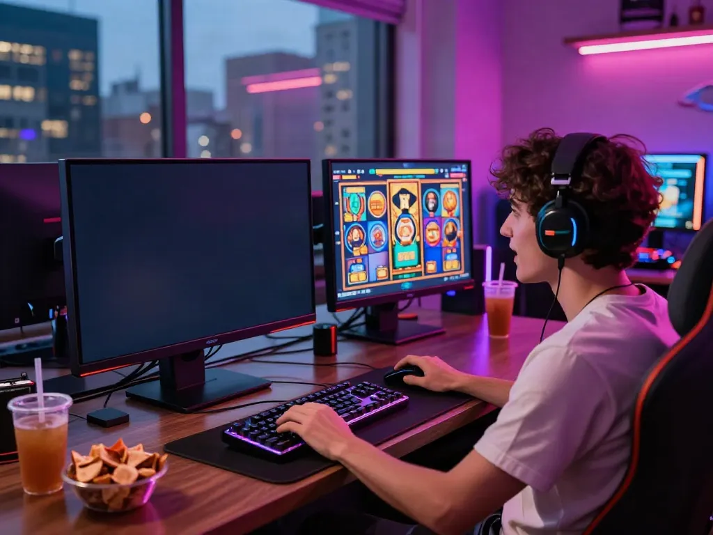 Pengguna menikmati permainan slot di tautan BUKUMIMPI138 dengan grafis cerah dan perangkat gaming modern.