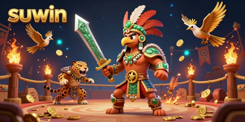 Experience the excitement of suwin with Aztec warriors and vibrant casino elements in this dynamic illustration.
