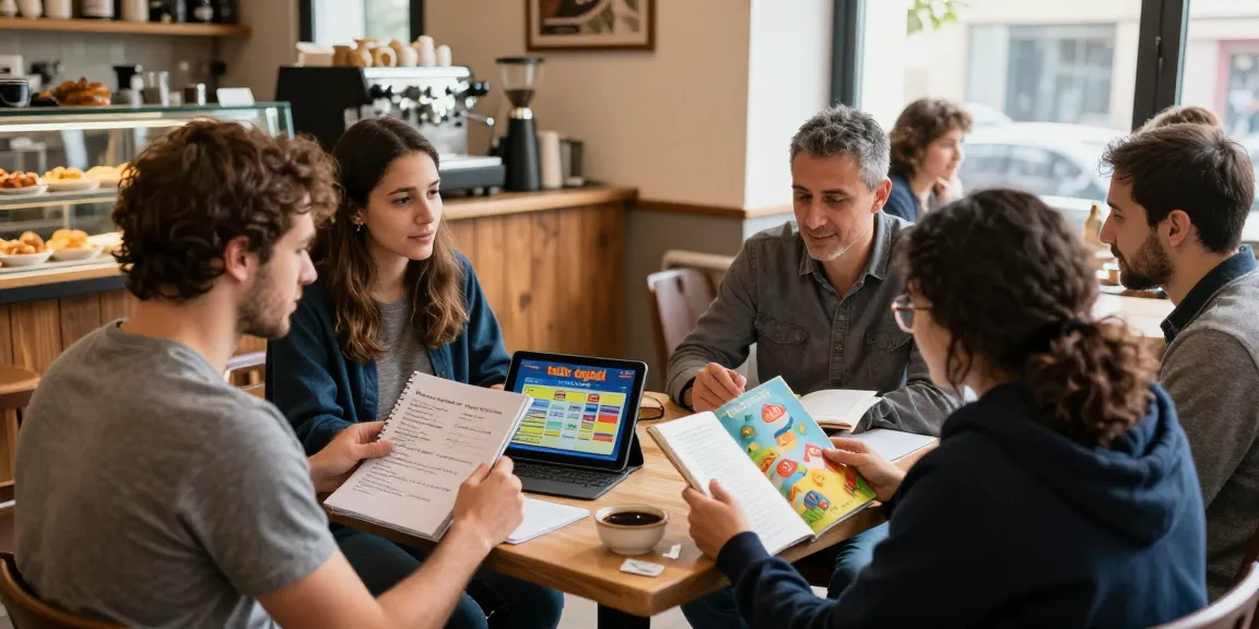 Italian language learners engaging with "toto togel" game in a cozy café setting.