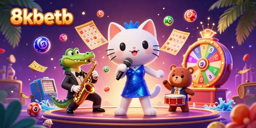 Experience the vibrant magic of 8xbetb with a lively casino illustration showcasing exciting games and characters.