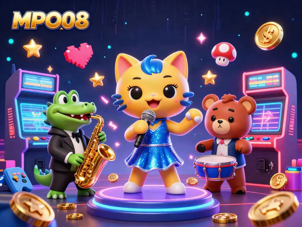 MPO08 features a dynamic casino scene with cartoon characters performing music and gaming elements that capture excitement.