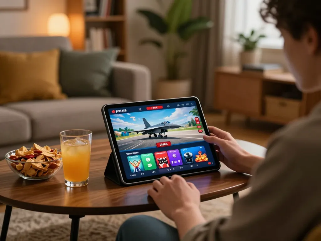 Player engaged in F 168 online casino gaming on tablet, showcasing a modern home setup.
