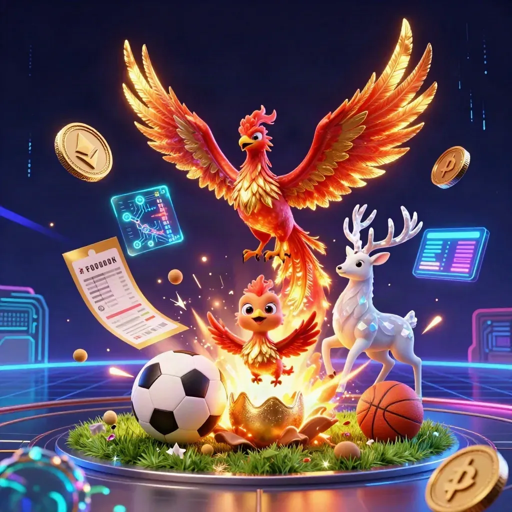 Phoenix emas, rusa kristal, koin crypto, bola olahraga, dan cahaya neon di latar gelap.
