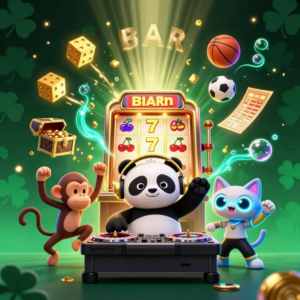 Panda DJ, monyet breakdance, dan kucing rave di antara slot, koin emas, dan cahaya neon.