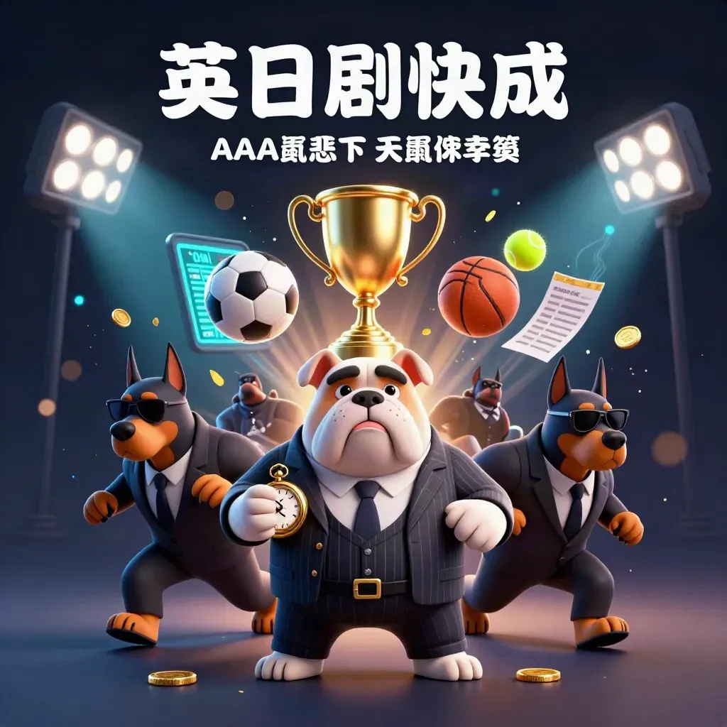 Bulldog mafia kartun dengan dua Doberman, bola olahraga, piala emas, dan cahaya kasino mewah.