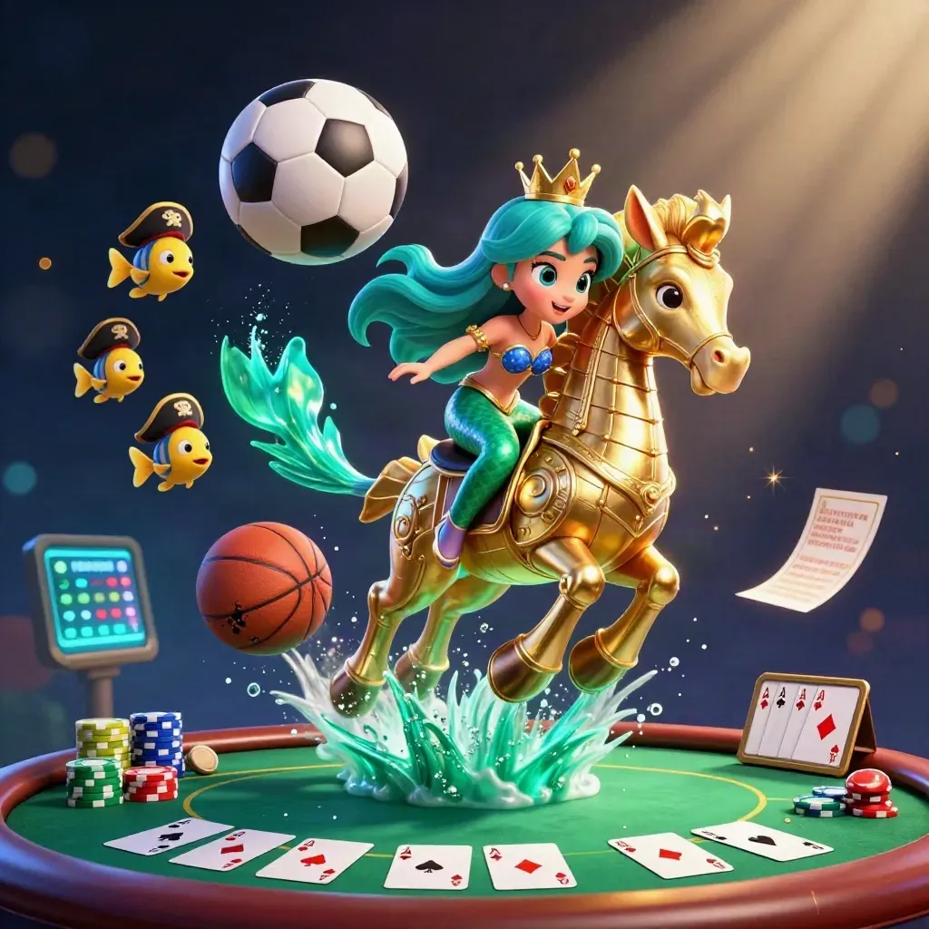Putri duyung kartun di atas kuda laut emas dikelilingi ikan bajak laut, kartu poker, dan bola olahraga.