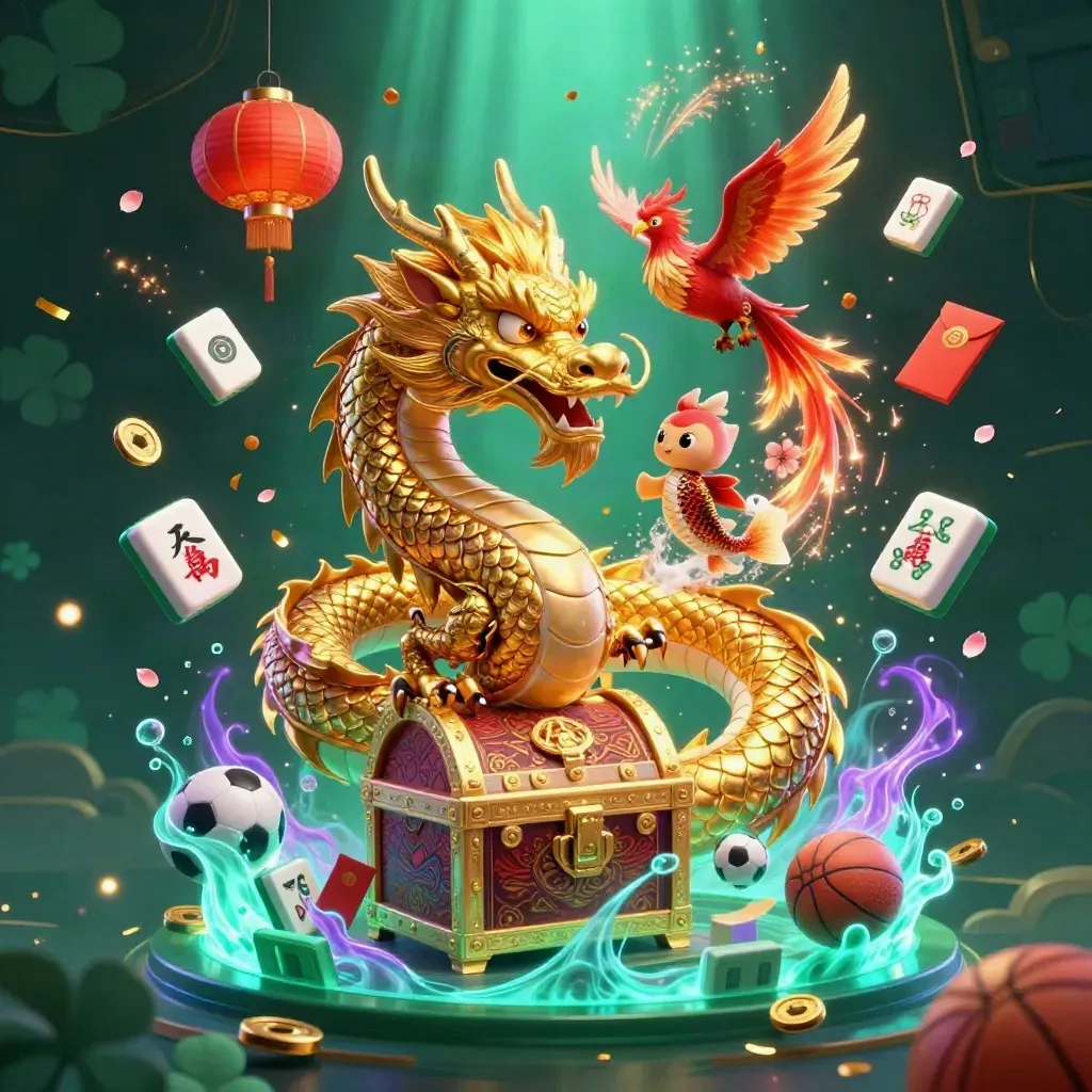 Naga emas 3D melingkar di peti harta, ditemani phoenix bayi dan koi, dikelilingi koin dan petasan.
