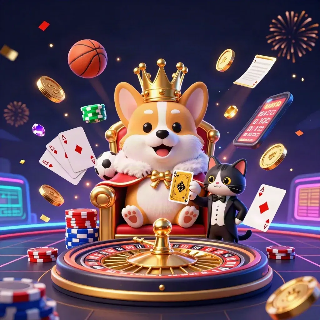 Kucing butler dan corgi kerajaan di tengah ledakan koin, kartu, dan bola olahraga.
