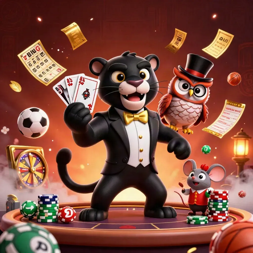 Panther, burung hantu, dan tikus bermain kartu dikelilingi bola lotre dan cahaya emas.