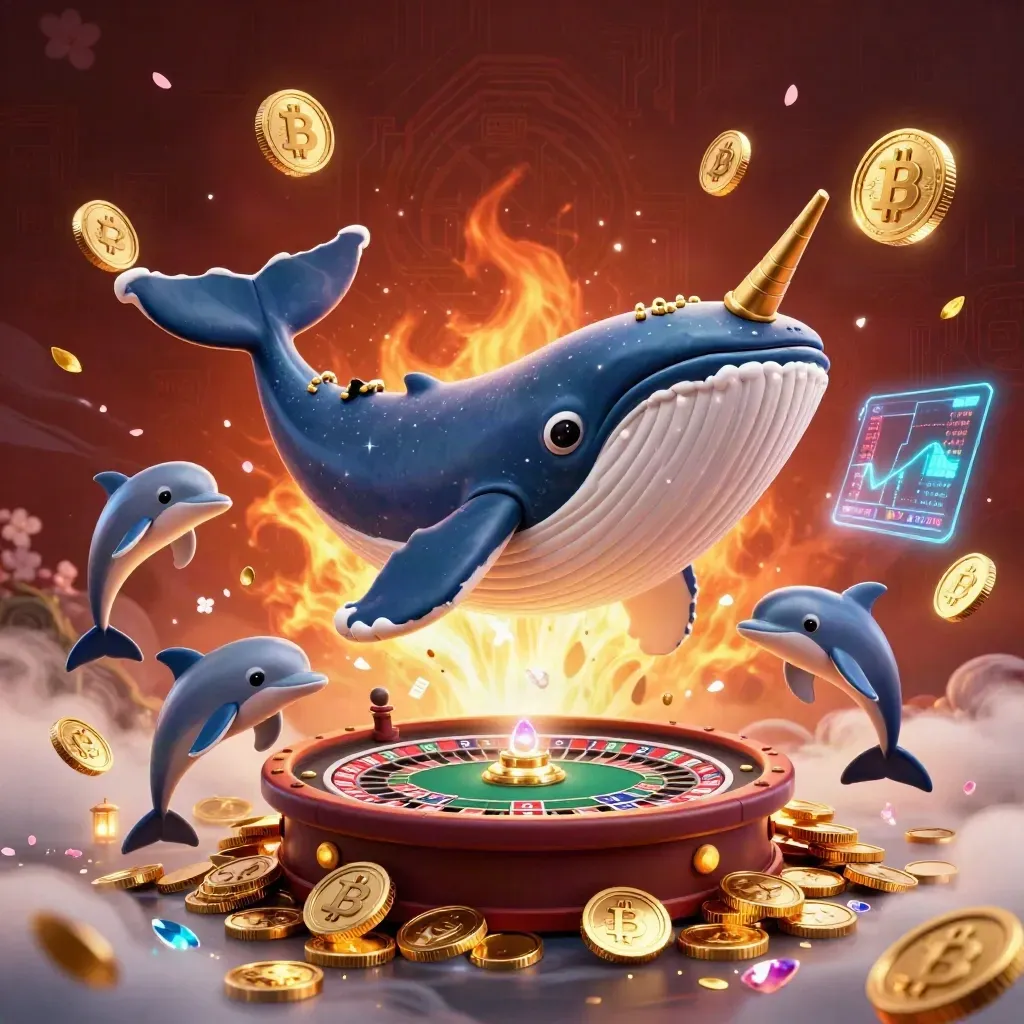 Ikan paus kartun, narwhal, dan lumba-lumba di kasino mewah dengan koin emas dan cahaya neon.