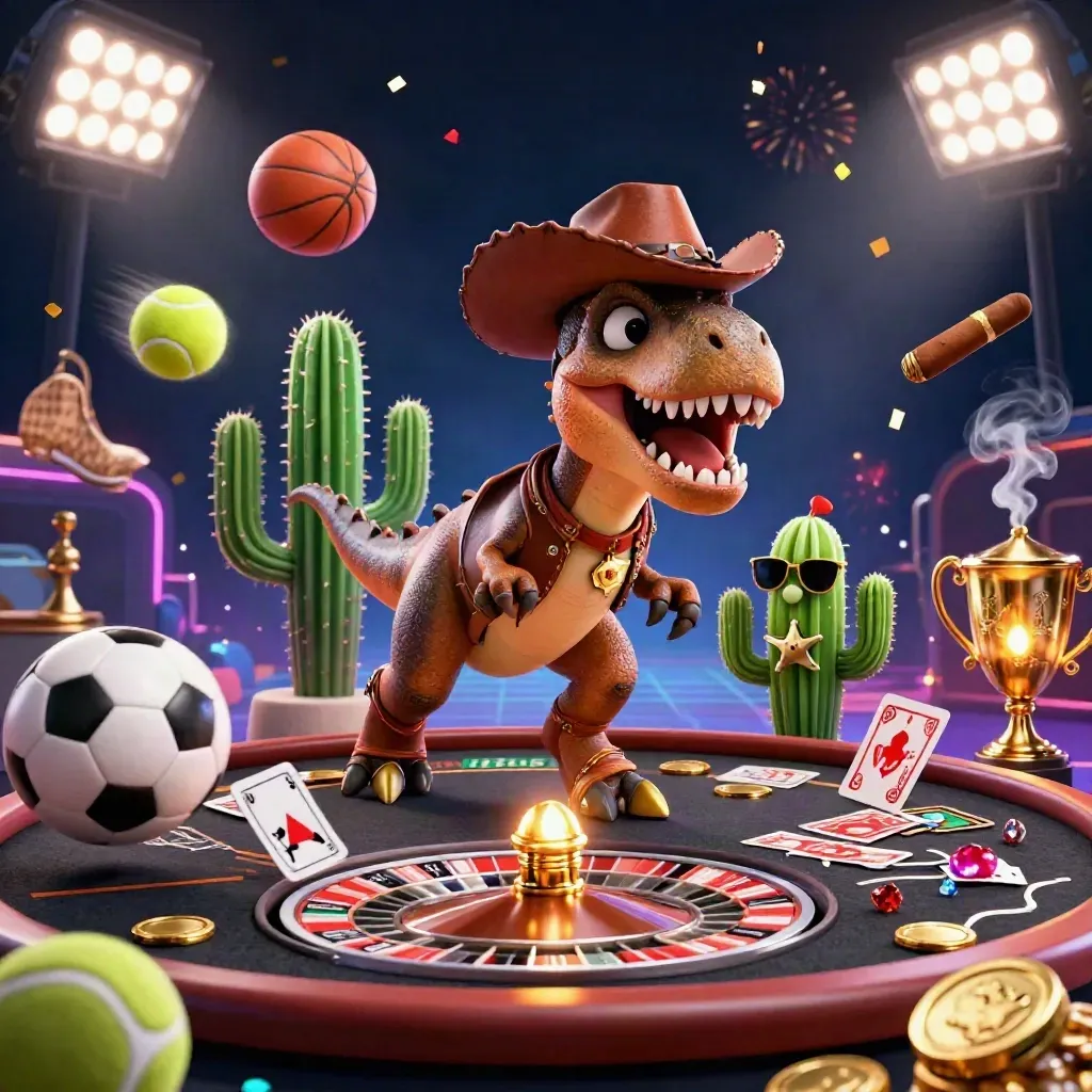 Dinosaurus koboi, kaktus, dan roadrunner di meja kasino mewah dengan bola olahraga dan cahaya emas.