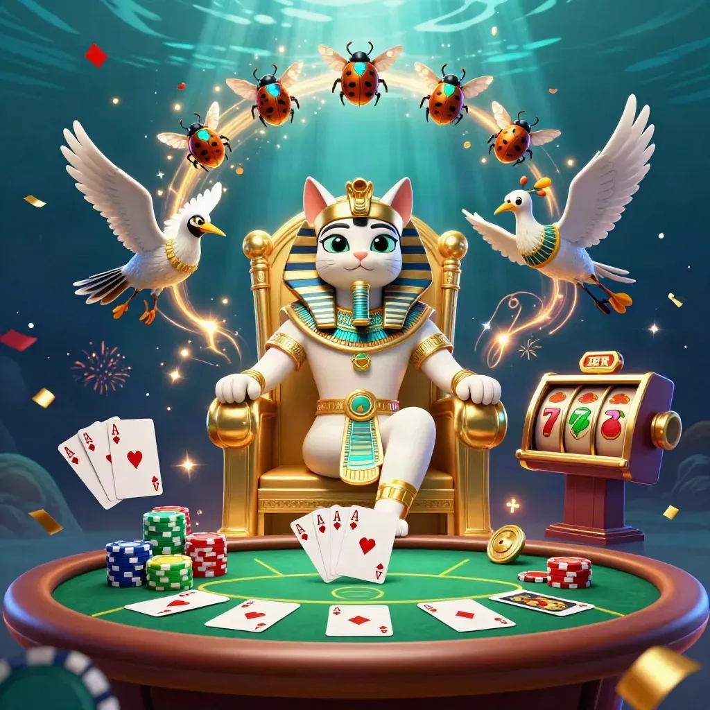 Kucing firaun, ibis, dan kumbang scarab di meja poker emas dengan kilau bawah laut.