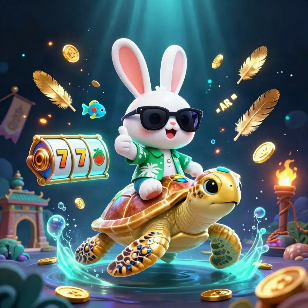 Kelinci kartun naik penyu emas dengan ikan tropis, kilau neon, koin, dan efek laut ajaib.