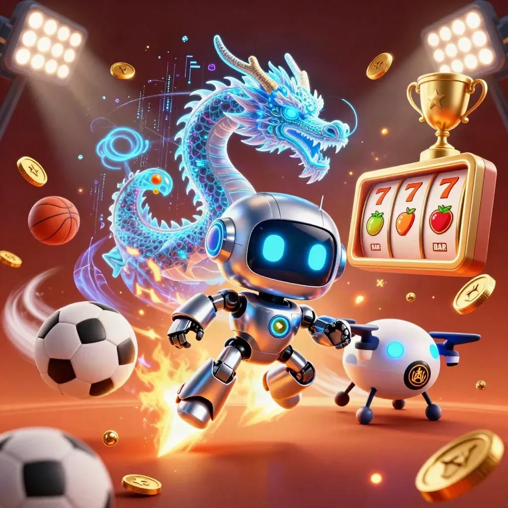 Robot cyberpunk, naga hologram, dan drone koin meledak di antara bola, trofi, dan koin emas.