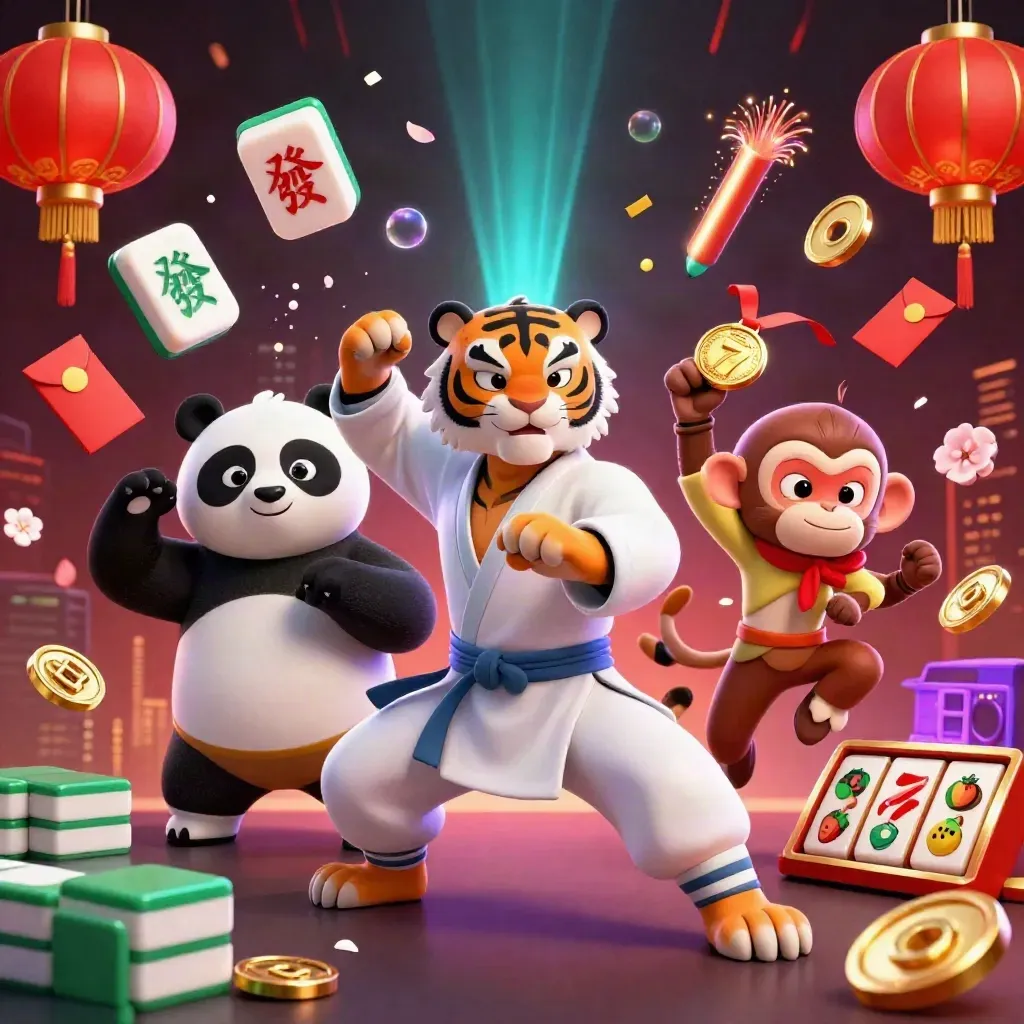 Harimau kung-fu, panda, dan monyet di tengah ledakan koin, lentera, serta efek neon