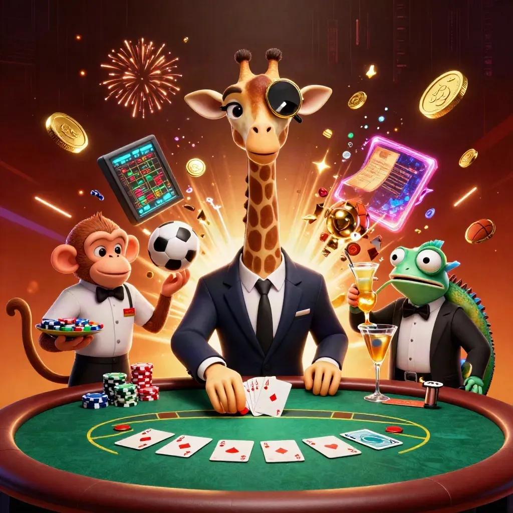 Jerapah, monyet, dan bunglon kartun di meja poker dengan koin emas meledak.
