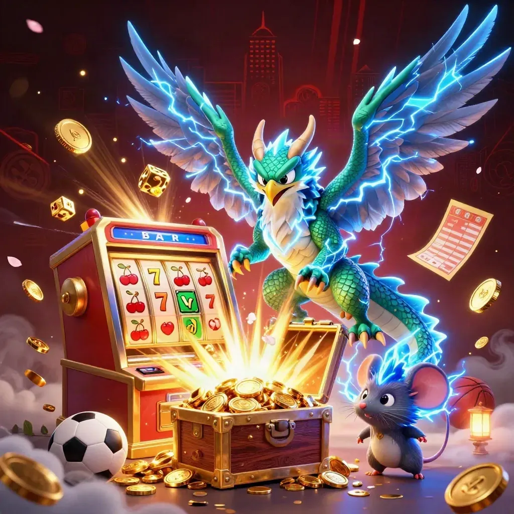Naga petir, burung elang, dan tikus kecil di tengah ledakan emas, slot, koin, dan efek neon.