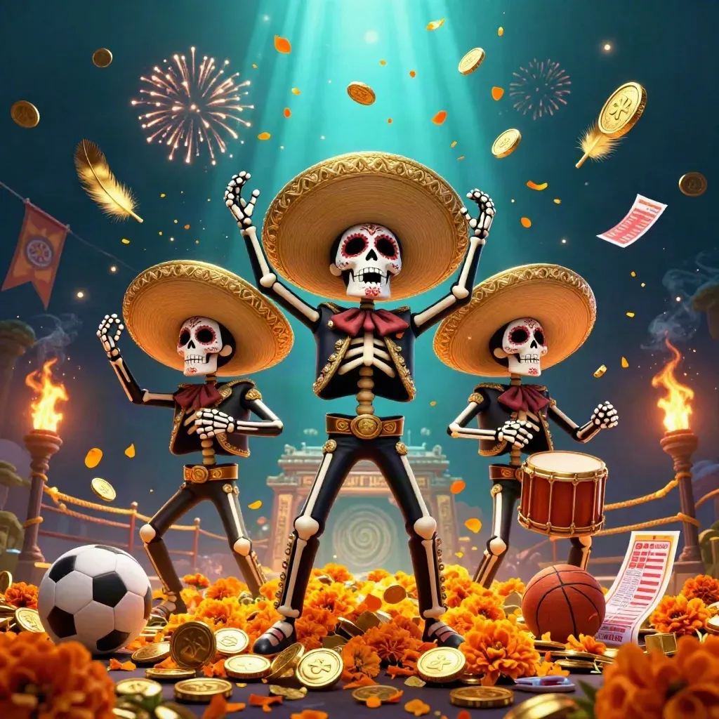 Tiga kerangka mariachi di tengah ledakan koin emas, ring tinju, kuil, bola, dan suasana meriah.