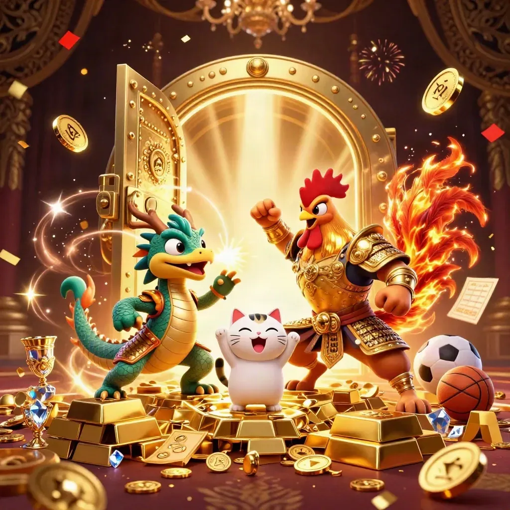 Ayam samurai emas, naga kecil, dan kucing hoki di antara harta, koin emas, dan ledakan jackpot.