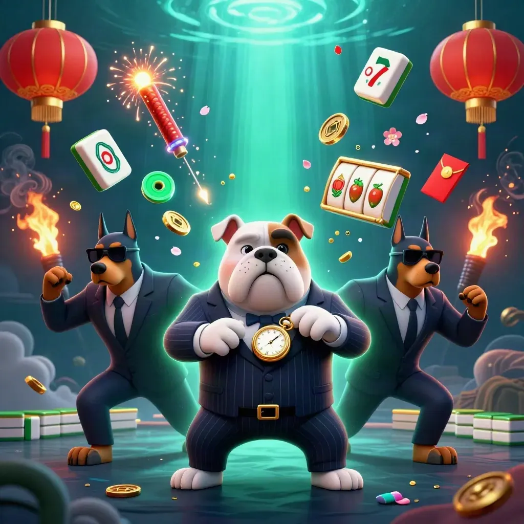 Bulldog bos mafia dan dua doberman dikelilingi mahjong, lentera, koin, dan efek meledak.