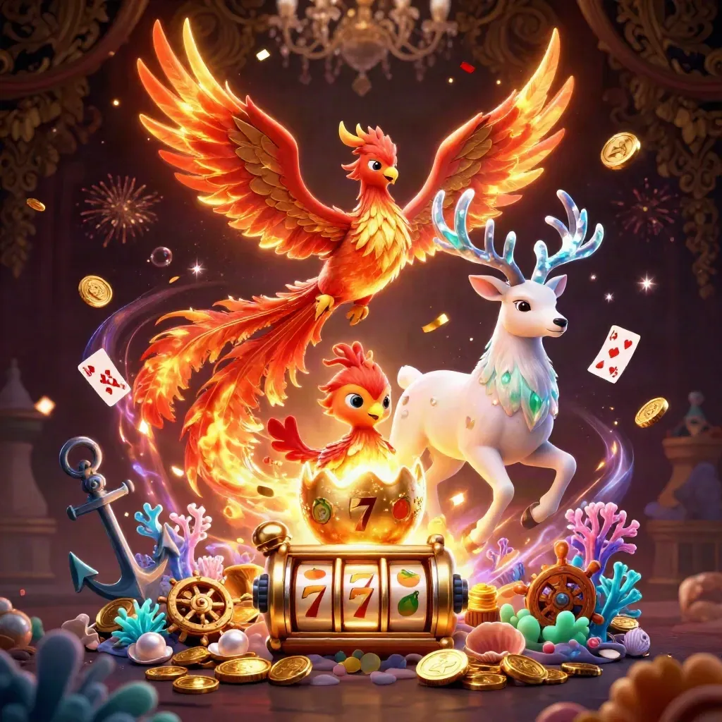 Naga api, rusa bertanduk kristal, dan bayi phoenix di harta karun kasino mewah.